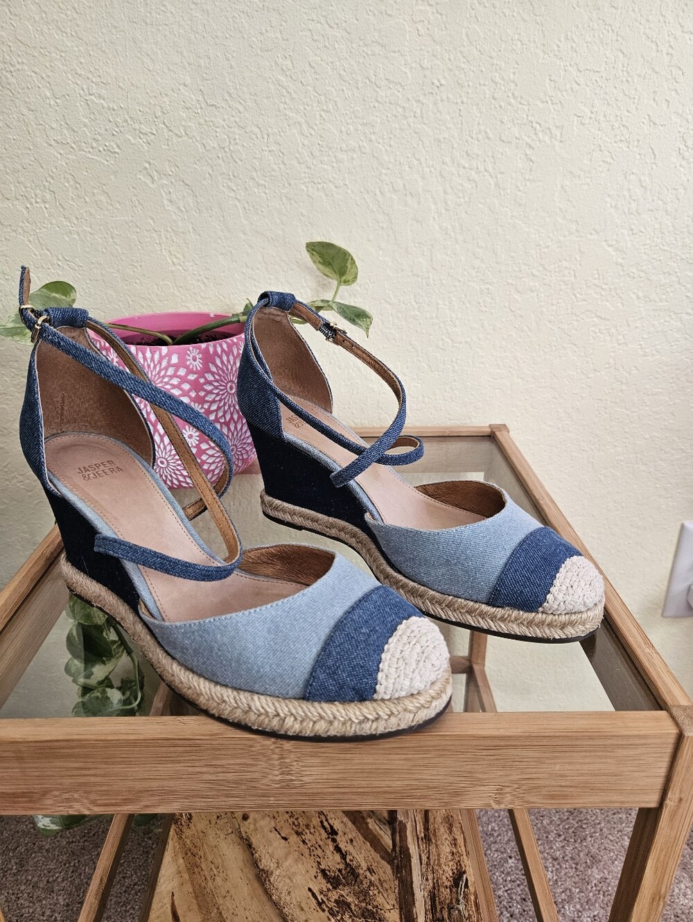 Jasper & Jeera Anthropologie  Blue Denim Espadrille Wedge Sandals - Women Sz 7B
